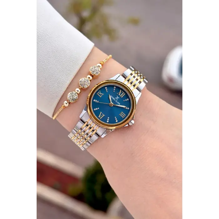 Kadranı Lacivert Kordonu Gold Gümüş Renk 28 Mm Hediye Paketli Kadın Kol Saati