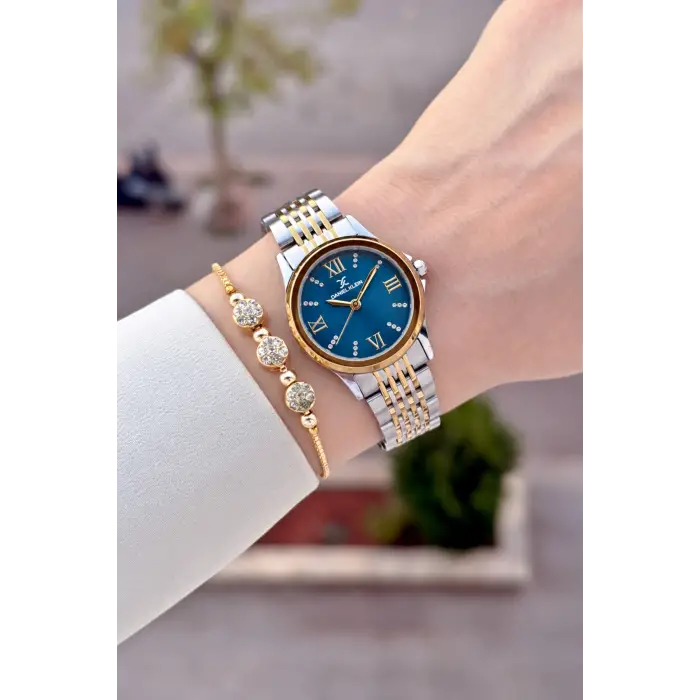 Kadranı Lacivert Kordonu Gold Gümüş Renk 28 Mm Hediye Paketli Kadın Kol Saati