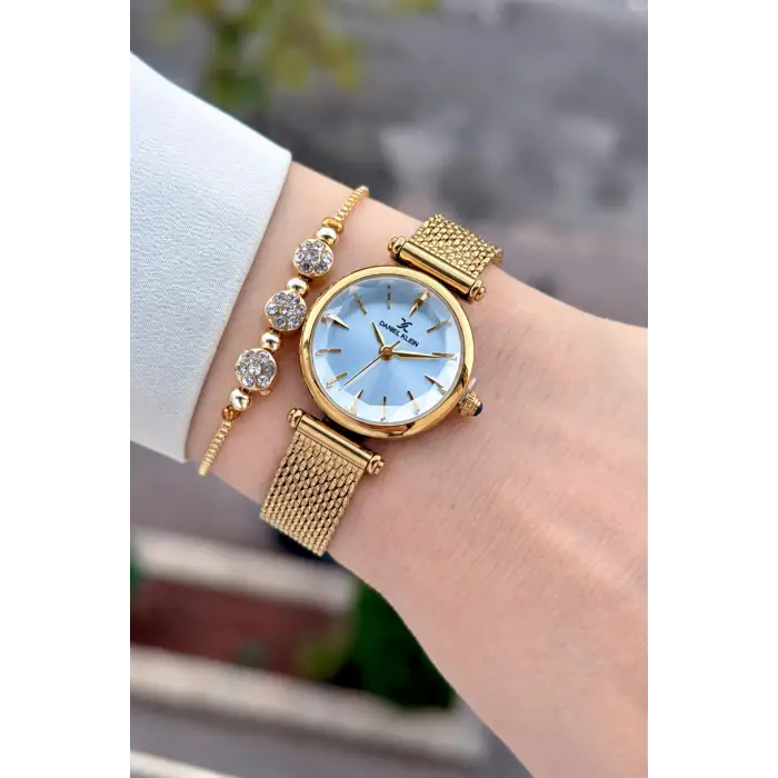 Kadranı Mavi Kordonu Gold Renk 26 Mm Hediye Paketli Kadın Kol Saati