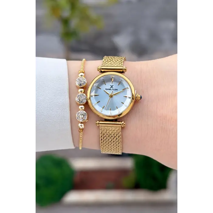Kadranı Mavi Kordonu Gold Renk 26 Mm Hediye Paketli Kadın Kol Saati