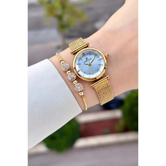 Kadranı Mavi Kordonu Gold Renk 26 Mm Hediye Paketli Kadın Kol Saati