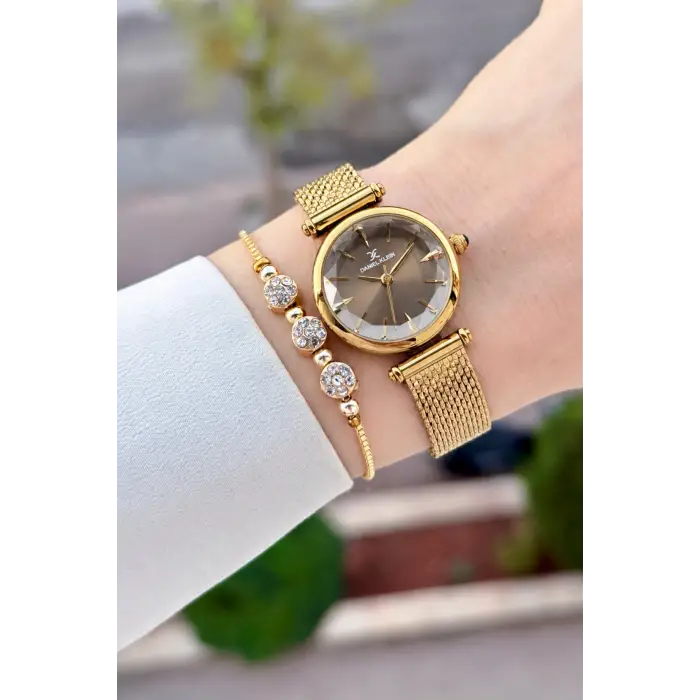 Kadranı Kahverengi Kordonu Gold Renk 26 Mm Hediye Paketli Kadın Kol Saati