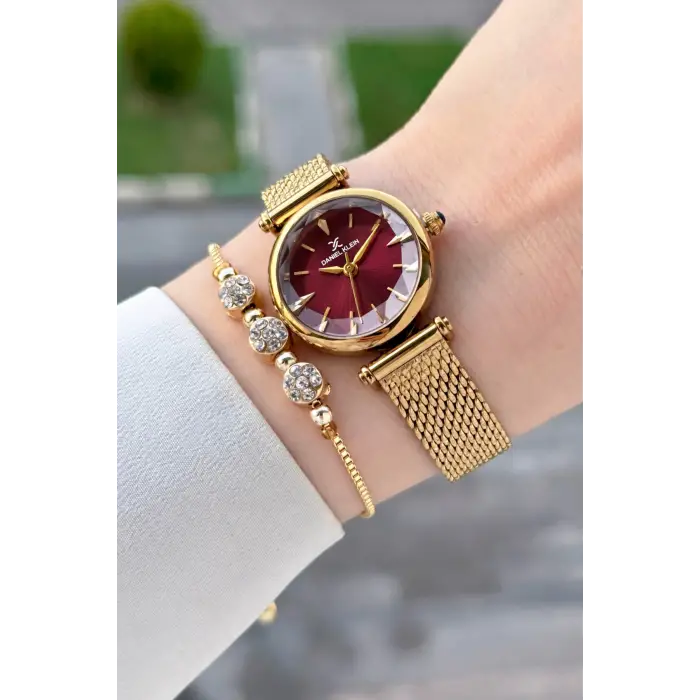 Kadranı Bordo Kordonu Gold Renk 26 Mm Hediye Paketli Kadın Kol Saati