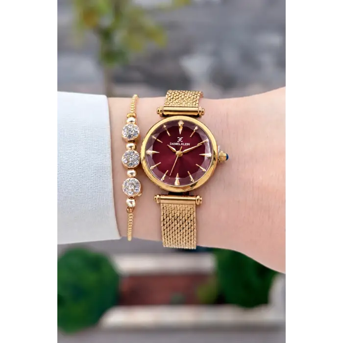 Kadranı Bordo Kordonu Gold Renk 26 Mm Hediye Paketli Kadın Kol Saati