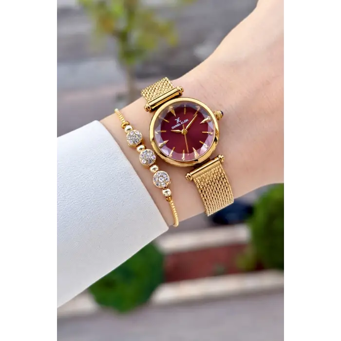 Kadranı Bordo Kordonu Gold Renk 26 Mm Hediye Paketli Kadın Kol Saati