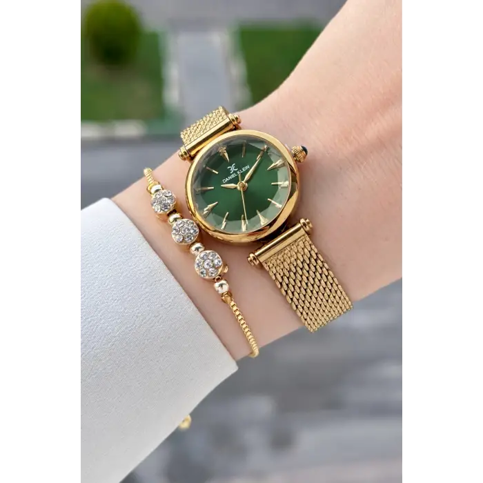 Kadranı Yeşil Kordonu Gold Renk 26 Mm Hediye Paketli Kadın Kol Saati