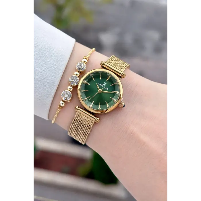 Kadranı Yeşil Kordonu Gold Renk 26 Mm Hediye Paketli Kadın Kol Saati