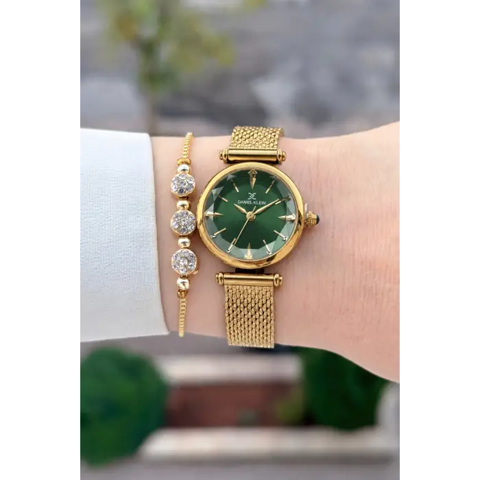 Kadranı Yeşil Kordonu Gold Renk 26 Mm Hediye Paketli Kadın Kol Saati