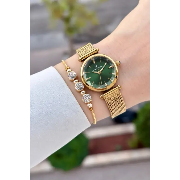 Kadranı Yeşil Kordonu Gold Renk 26 Mm Hediye Paketli Kadın Kol Saati