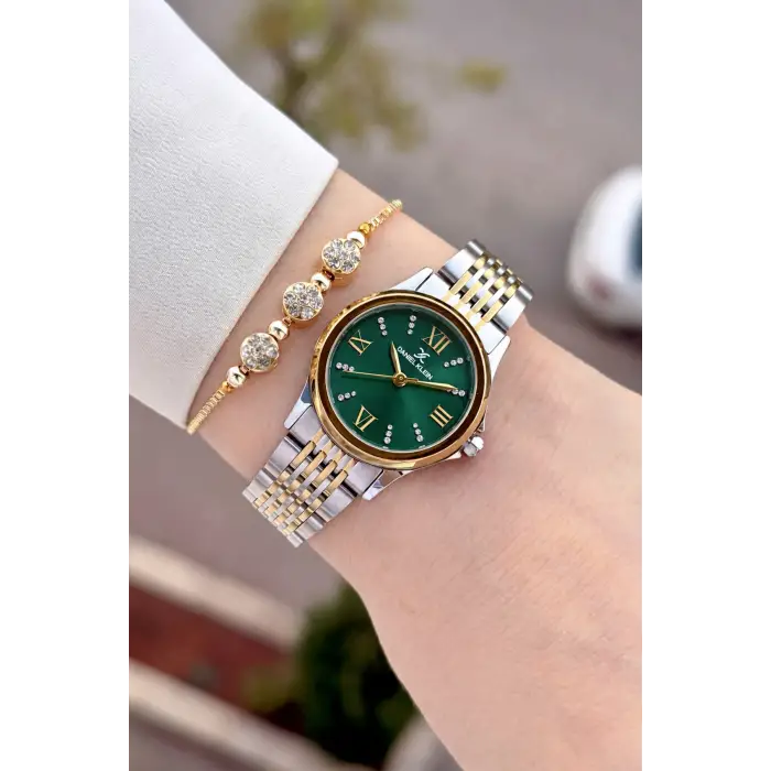 Kadranı Yeşil Kordonu Gold Gümüş Renk 28 Mm Hediye Paketli Kadın Kol Saati