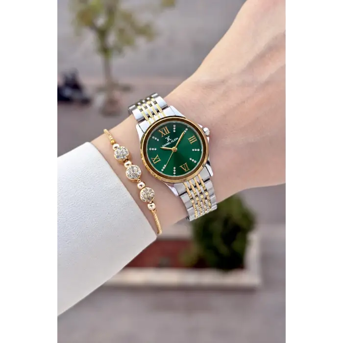 Kadranı Yeşil Kordonu Gold Gümüş Renk 28 Mm Hediye Paketli Kadın Kol Saati