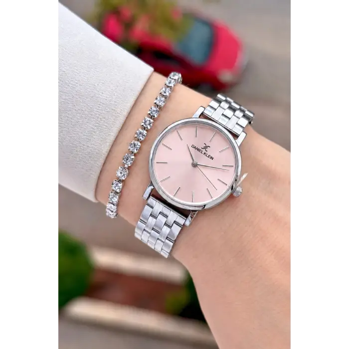Kadranı Pembe Kordonu Gümüş Renk 30 Mm Hediye Paketli Kadın Kol Saati ve Bileklik