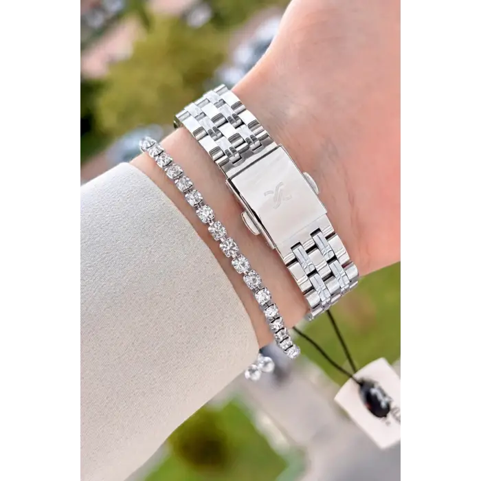 Kadranı Pembe Kordonu Gümüş Renk 30 Mm Hediye Paketli Kadın Kol Saati ve Bileklik