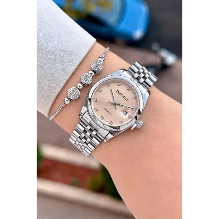 Kadranı Pembe Kordonu Gümüş Renk 28 Mm Hediye Paketli Kadın Kol Saati