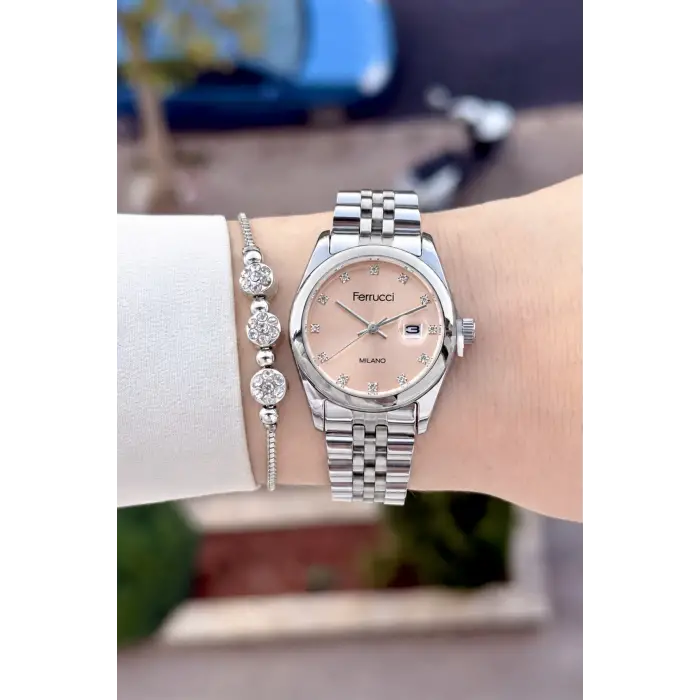 Kadranı Pembe Kordonu Gümüş Renk 28 Mm Hediye Paketli Kadın Kol Saati