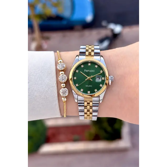 Kadranı Yeşil Kordonu Gold Gümüş Renk 28 Mm Hediye Paketli Kadın Kol Saati