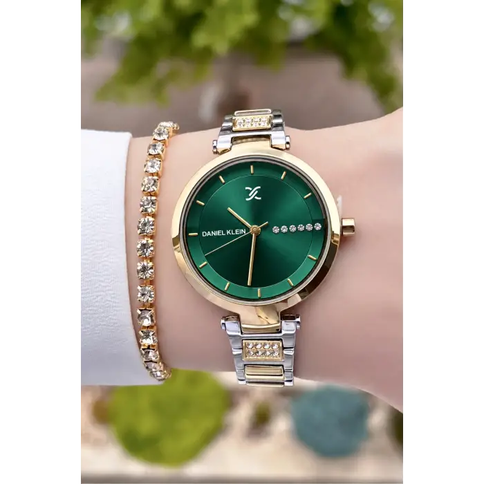 Premium Kadranı Yeşil Kordonu Gold Gümüş Hediye Paketli Renk Kadın Kol Saati Ve Bileklik