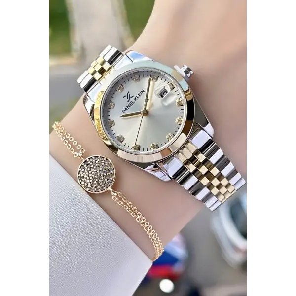 Daniel Klein DKISTE796 Gold Gümüş Renk Takvimli Kadın Kol Saati ve Hediye Bileklik