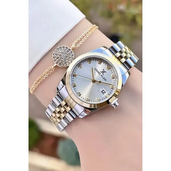 Daniel Klein DKISTE796 Gold Gümüş Renk Takvimli Kadın Kol Saati ve Hediye Bileklik