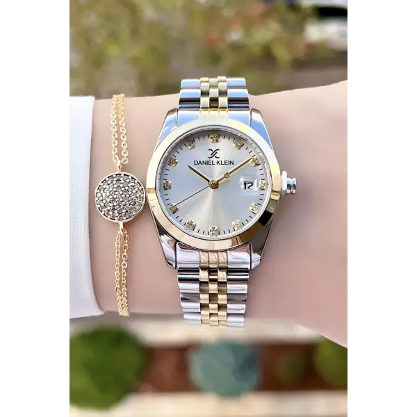 Daniel Klein DKISTE796 Gold Gümüş Renk Takvimli Kadın Kol Saati ve Hediye Bileklik