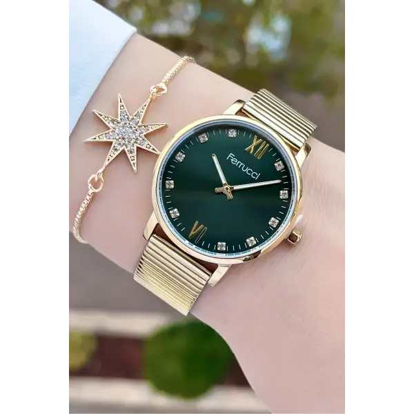 Ferrucci FCISTE245 Kadranı Yeşil Kordonu Gold Renk ve Bileklik
