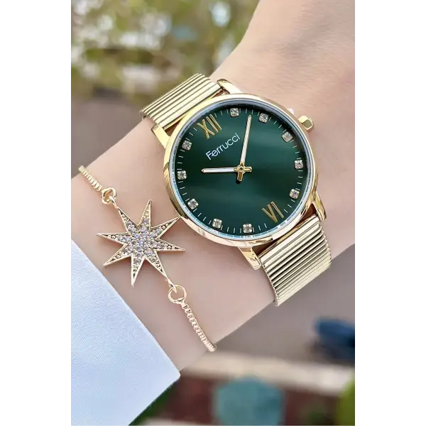 Ferrucci FCISTE245 Kadranı Yeşil Kordonu Gold Renk ve Bileklik
