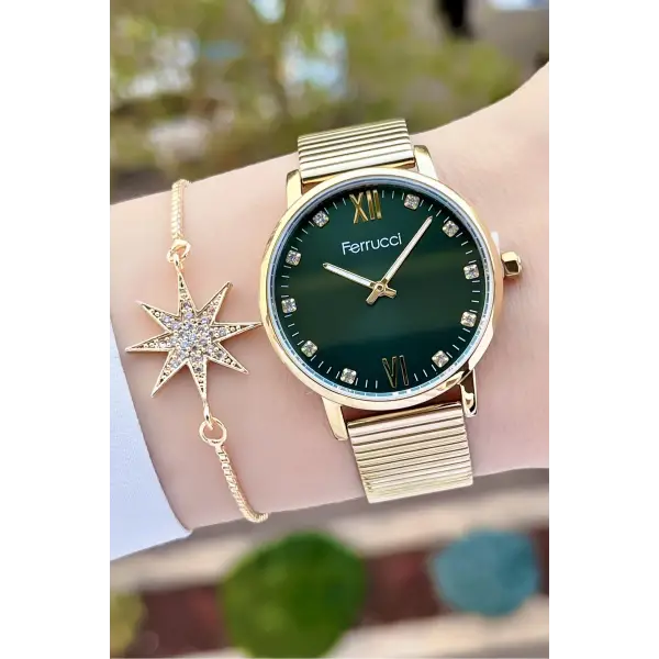 Ferrucci FCISTE245 Kadranı Yeşil Kordonu Gold Renk ve Bileklik