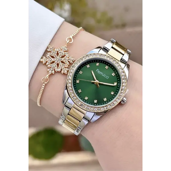 Ferrucci FCISTE246 Kadranı Yeşil Kordonu Gold Gümüş Renk ve Bileklik