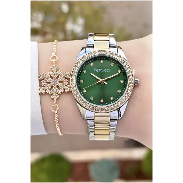 Ferrucci FCISTE246 Kadranı Yeşil Kordonu Gold Gümüş Renk ve Bileklik