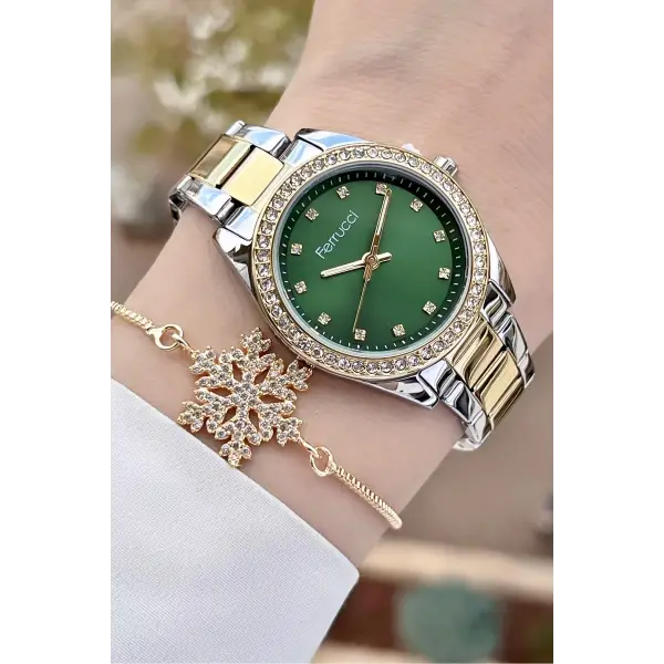 Ferrucci FCISTE246 Kadranı Yeşil Kordonu Gold Gümüş Renk ve Bileklik