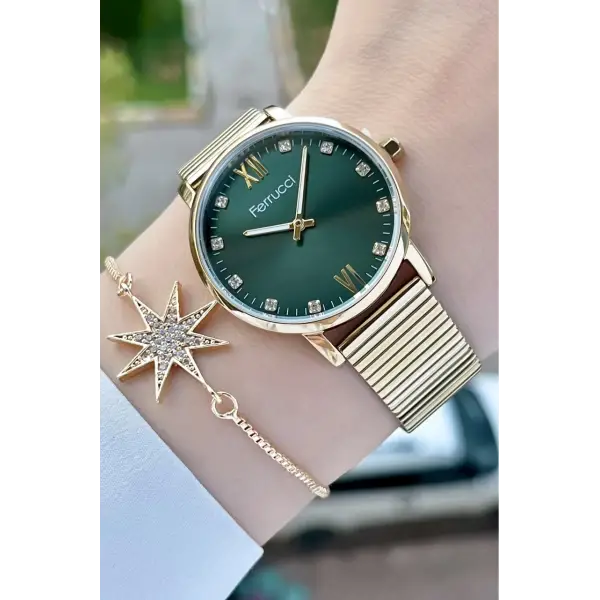 Ferrucci FCISTE245 Kadranı Yeşil Kordonu Gold Renk ve Bileklik