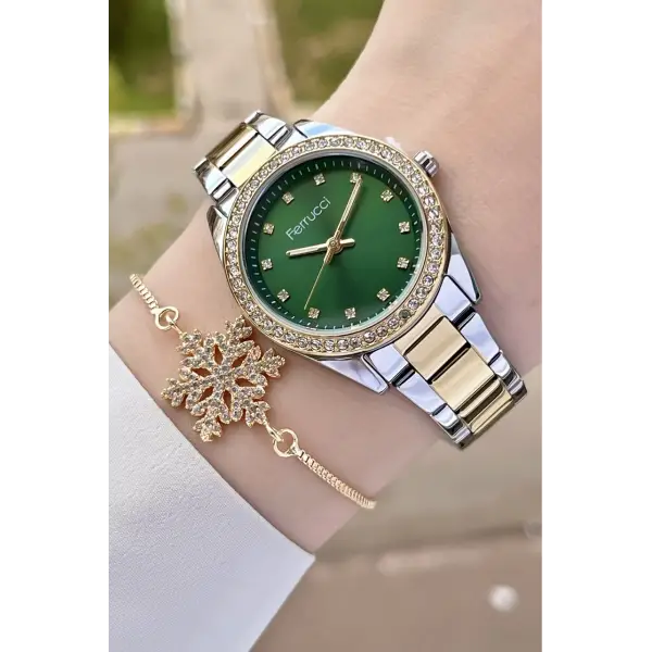 Ferrucci FCISTE246 Kadranı Yeşil Kordonu Gold Gümüş Renk ve Bileklik