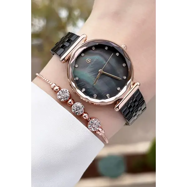 David Guner DGISTE84 Kadranı Sedefli Kordonu Siyah Renk Kadın Kol Saati ve Bileklik
