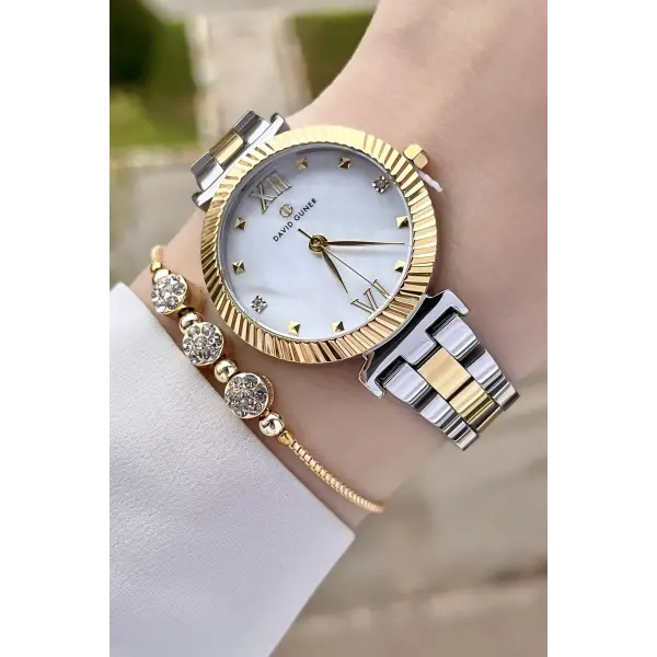 David Guner DGISTE87 Kadranı Sedefli Kordonu Gold Gümüş Renk Kadın Kol Saati ve Bileklik