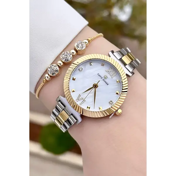 David Guner DGISTE87 Kadranı Sedefli Kordonu Gold Gümüş Renk Kadın Kol Saati ve Bileklik