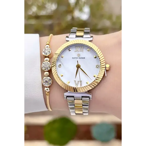 David Guner DGISTE87 Kadranı Sedefli Kordonu Gold Gümüş Renk Kadın Kol Saati ve Bileklik