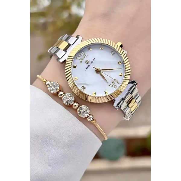 David Guner DGISTE87 Kadranı Sedefli Kordonu Gold Gümüş Renk Kadın Kol Saati ve Bileklik