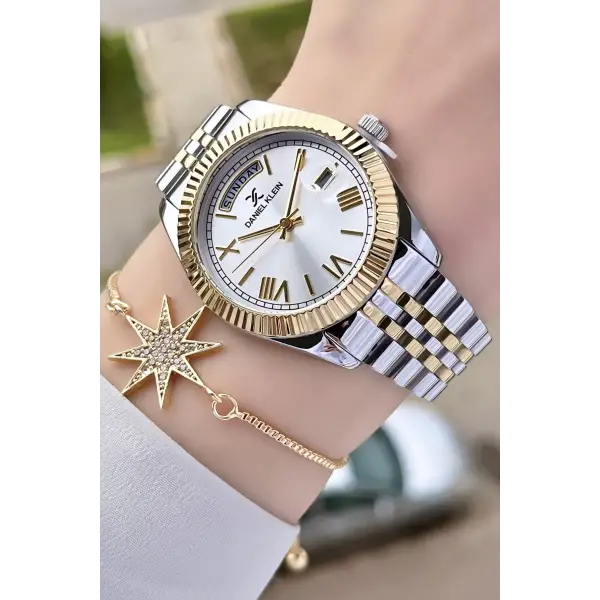 Daniel Klein DK2ISTE907 Gold Gümüş Renk Takvim ve Gün Fonksiyonlu Kadın Kol Saati ve Bileklik