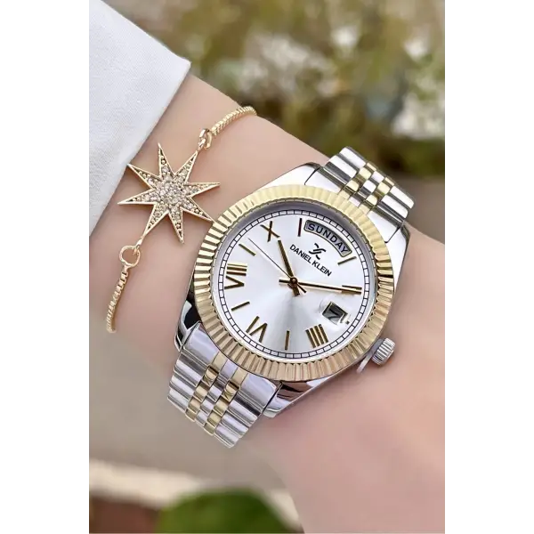Daniel Klein DK2ISTE907 Gold Gümüş Renk Takvim ve Gün Fonksiyonlu Kadın Kol Saati ve Bileklik