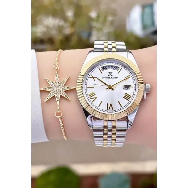 Daniel Klein DK2ISTE907 Gold Gümüş Renk Takvim ve Gün Fonksiyonlu Kadın Kol Saati ve Bileklik