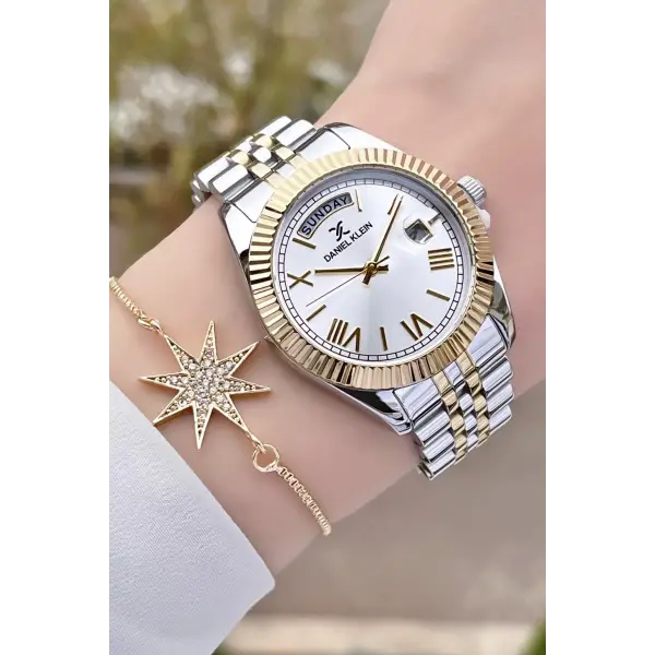 Daniel Klein DK2ISTE907 Gold Gümüş Renk Takvim ve Gün Fonksiyonlu Kadın Kol Saati ve Bileklik
