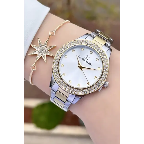 Daniel Klein DKISTE932 Premium Gold Gümüş Renk Taşlı Kadın Kol Saati ve Bileklik