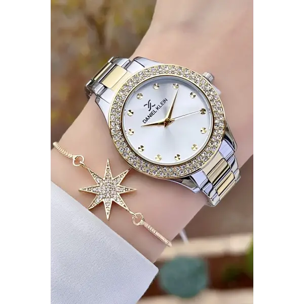 Daniel Klein DKISTE932 Premium Gold Gümüş Renk Taşlı Kadın Kol Saati ve Bileklik