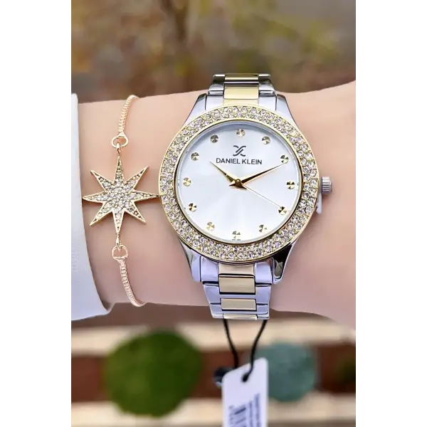 Daniel Klein DKISTE932 Premium Gold Gümüş Renk Taşlı Kadın Kol Saati ve Bileklik