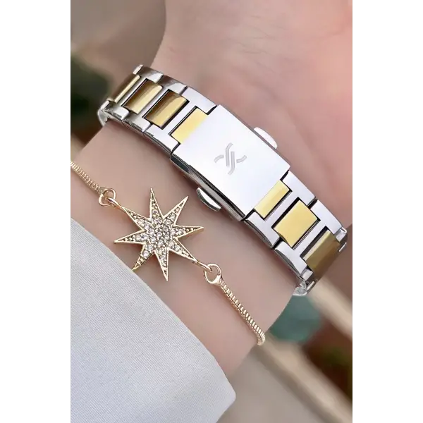 Daniel Klein DKISTE932 Premium Gold Gümüş Renk Taşlı Kadın Kol Saati ve Bileklik