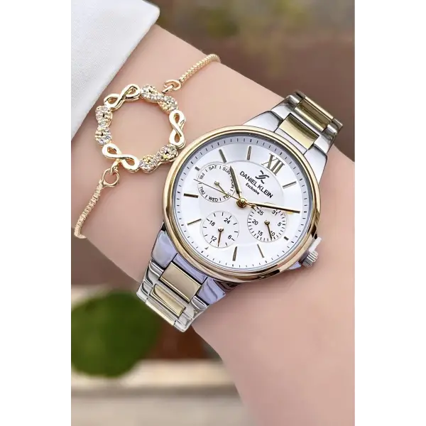 Daniel Klein DKISTE924 Gold Gümüş Renk İç Göstergeleri Aktif Fonksiyonlu Kadın Kol Saati ve Bileklik