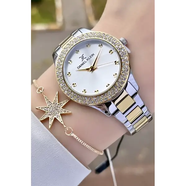 Daniel Klein DKISTE932 Premium Gold Gümüş Renk Taşlı Kadın Kol Saati ve Bileklik