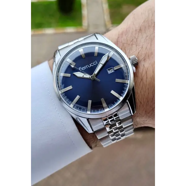 Ferrucci FCISTE250 Kadranı Lacivert Kordonu Gümüş Renk Takvimli Erkek Kol Saati