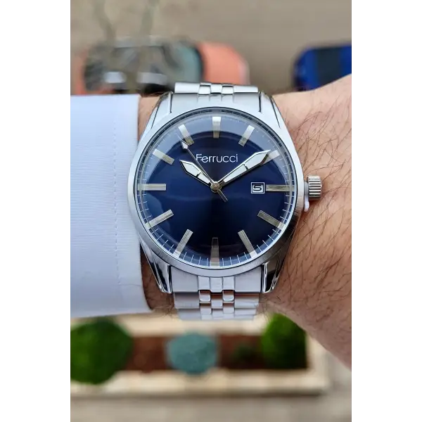 Ferrucci FCISTE250 Kadranı Lacivert Kordonu Gümüş Renk Takvimli Erkek Kol Saati