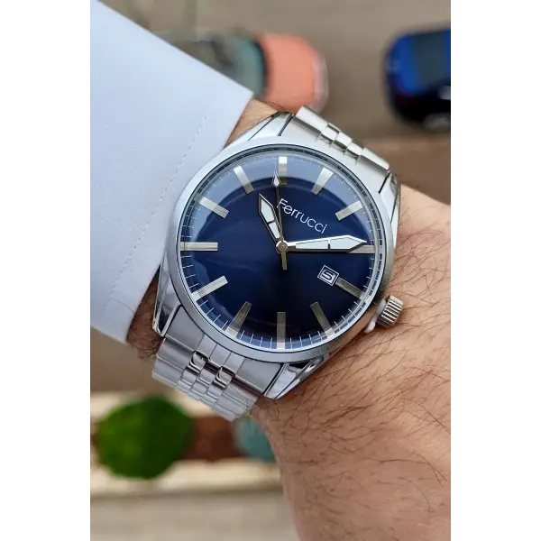Ferrucci FCISTE250 Kadranı Lacivert Kordonu Gümüş Renk Takvimli Erkek Kol Saati